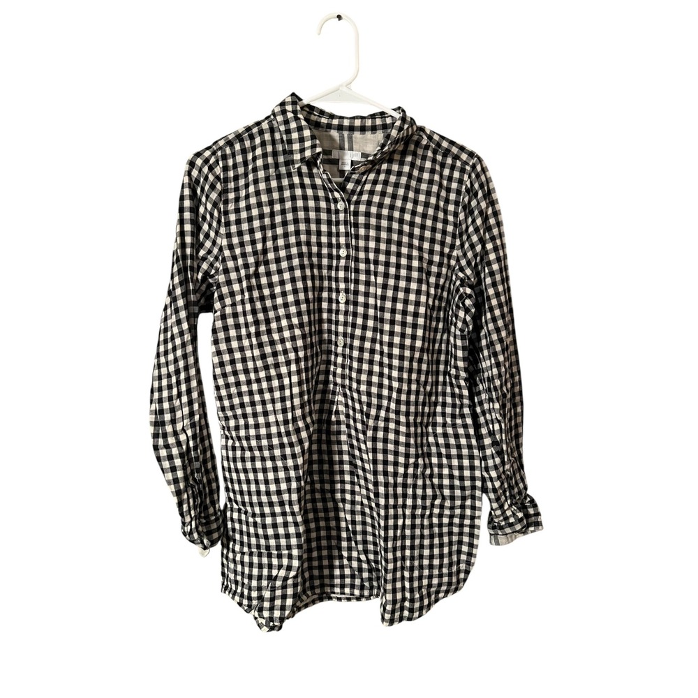 J. Jill Women's Size Small Half Button Flannel Top Black Cream Gingham Pockets